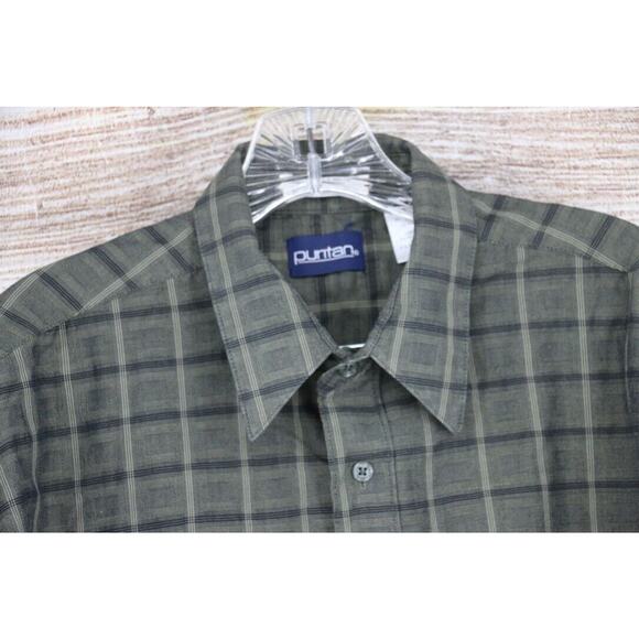 Puritan Mens Size Large Button Up Down Long Sleeve Check Shirt Olive Green - Picture 2 of 7